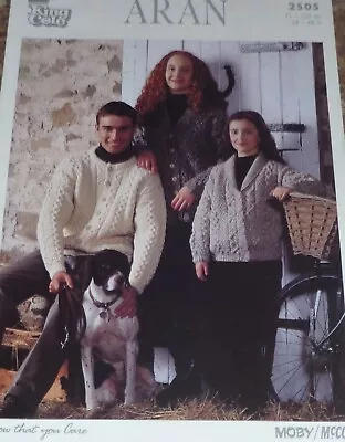 King Cole Knit Pattern Family Aran Shawl Collar Crew Neck V-Neck Cardigans 2505 • £3.80