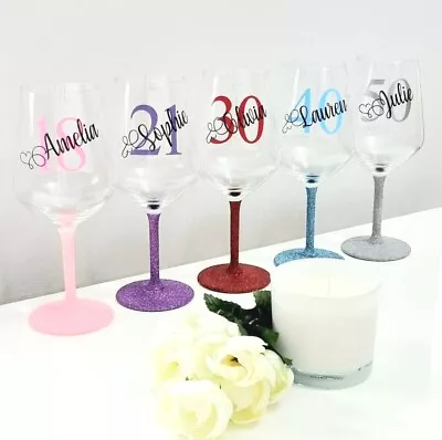 Personalised Birthday Glitter Wine Glass Gift 18th 21st 30th 40th 50th 60th 70th • £9.89