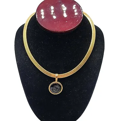 Vtg Intaglio Pendant Necklace Black Glass Cameo Man Roman Soldier Jewelry Omega • $59.99