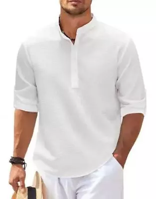 Cotton Linen Men's Long-Sleeved Shirts Stand-Up Collar Casual Beach Style • $14.55