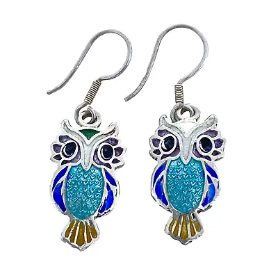 Vintage JJ Sterling Silver 950 Blue Cloisonne Enamel Owl French Wire Earrings • $40