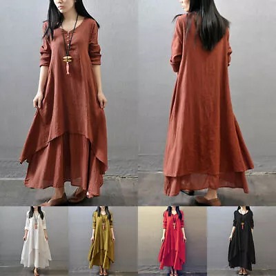 Women's Casual Kaftan Tunic Gypsy Maxi-Dress Boho Cotton Linen Long Sleeve Dress • $22.41