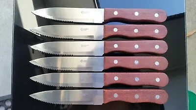 **FREE SHIPPING** 1x 6x Hard Wood Jumbo Steak Knife Set Serrated Stainless Steel • $24