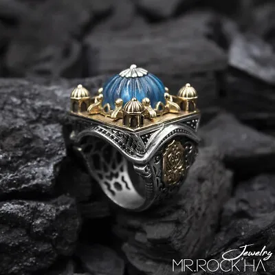 925 STERLING SILVER Men's Ring With Amber Stone Mosque Miniature/Blue Dome Model • $345.99
