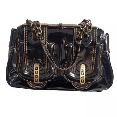 Authentic Vintage Fendi B Medium Buckle Black Patent Leather Handbag • $350