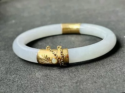 Vintage Vintage Chinese 14K Gold Natural White Green Jade Bracelet Bangle 2 1/4” • $529.99