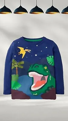 Ex Mini Boden Boy's Adventure Applique T-shirt In Blue T-Rex Dino (A BitDefect) • £9.99