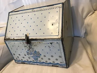 Old Metal Tin Bread Box Two Shelves Cream Blue Colors 13x11x11 Vented Twist Shut • $55