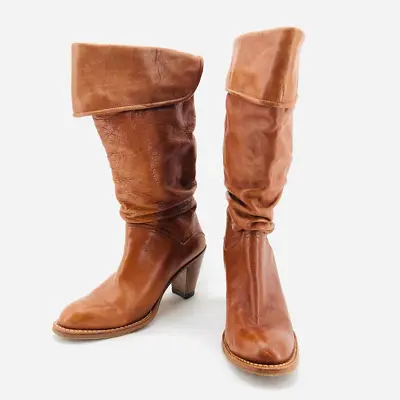 Frye Womens 6 M Dorado Slouch Boots Brown Leather Cuffed Mid Calf Pull On Spain • $75