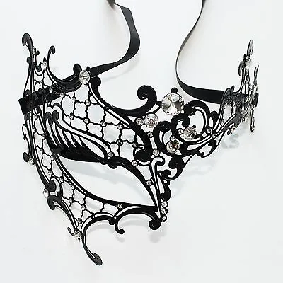 Black Metal Laser Cut Filigree Phentom Mask Masquerade W/ Rhinestones Party Prom • $7.99