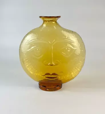 Vintage Blenko 9525 Wayne Husted Design Topaz Omnibus Sun Face Vase Yellow Amber • $360