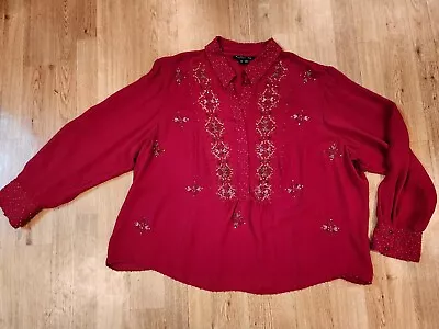 ECI New York Woman Red Beaded Embroidered Silk Blouse Size 3X • $18.50