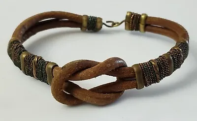 Vintage Brown Leather Suede 7 1/2 Knot Brass Men's Women's Unisex Bracelet • $29.99