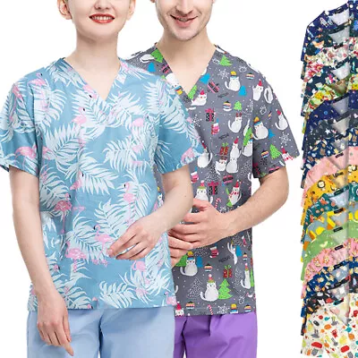 100% Cotton Unisex Scrub Tops Cartoon Printing V-Neck Women Men Short Sleeve • $9.99