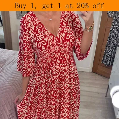 Women Summer Dress V Neck Loose Dresses Floral Seaside Holiday Maxi  Dress UK • £11.66