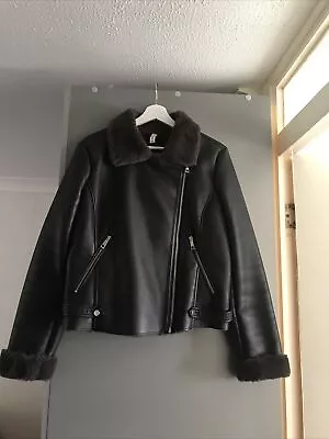 Woman’s Mango Coat Short Size L Good Condition Black Very Warm Faux Leather • £45