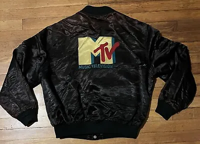 VINTAGE MTV Satin Jacket Mens Large Brown Bomber Distressed Music Television 80s • $64