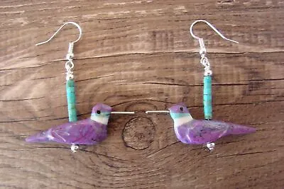 $39.99 • Buy Hand Carved Purple Mohave Turquoise Hummingbird Fetish Earrings - Mitchell