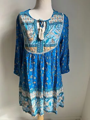 IRIS MAXI Blue Floral 3/4 Sleeve Mini Boho Dress Size 10 • $25