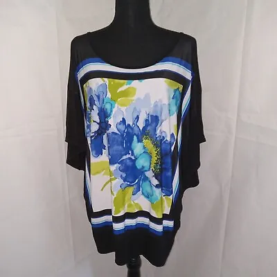 New Directions Women's Top Size XL Black Blue Floral Print Short Sleeve Cold Sho • $18.99