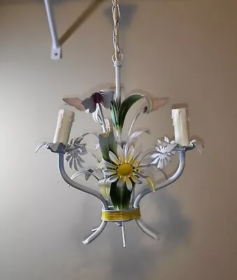 Vintage Florentine Italian Tole Chandelier Ceiling Light Lily Flowers 3 Arms • $195