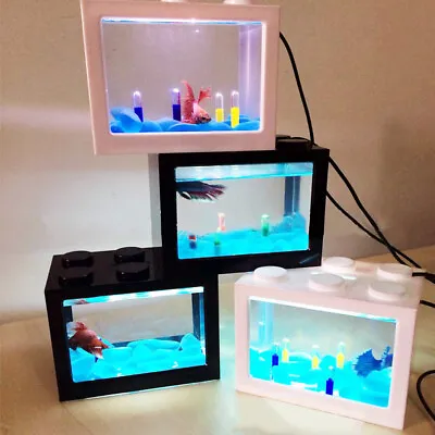 USB Mini Fish Tank Small Aquarium LED Light Office Desktop Home Decor Kids Gift • £7.96