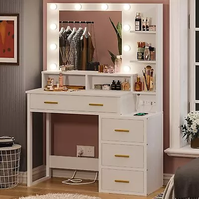 Vanity Makeup Table With LED Lighted Mirror  Dressing Table 5 Drawer Wood White • $199.89