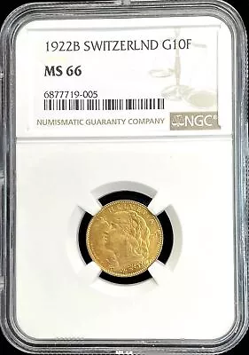 1922 B Gold Switzerland 10 Francs Helvetia Coin Ngc Mint State 66 • $380