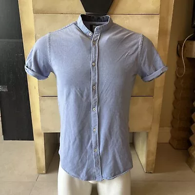 Zara Short Sleeve Button Up No Collar Shirt Light Blue • $13.50