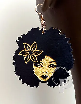 Laser Cut  Wooden Earrings Afro Girl Silhouette Africa In Black And Gold Large  • $20.56