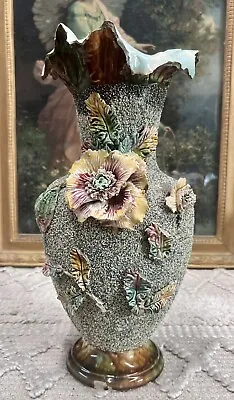 Vintage Large Majolica Palissy Sand Ceramic Floral Glazed Vase See Description • £50