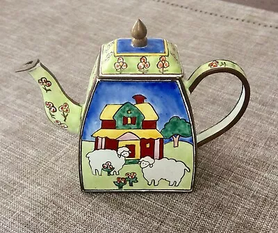 1999 Kelvin Chen Enamel Over Copper Miniature Teapot W/ Farmhouse & Sheep / Lamb • $16