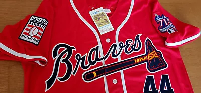Brand New! Atlanta Braves #44 Hank Aaron Cooperstown 2patch Sewn Jersey Red Mens • $62.91
