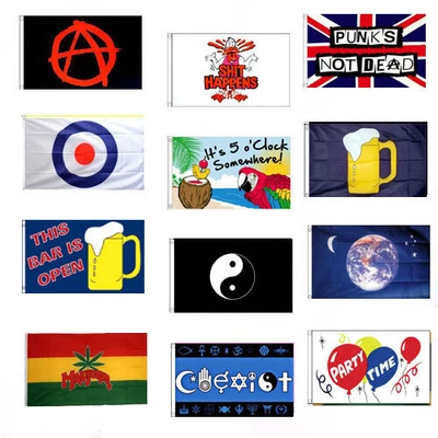 FESTIVAL FLAGS Happy Hour Its 5' Clock Somewhere Music Marijuana Leaf Rasta Etc • £6