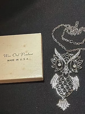 Vintage Wise Owl Pendant Dangle Statement Swing USA Made Silver Tone With Chain • $7.50