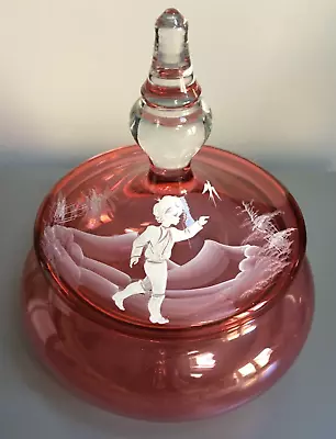 Antique Mary Gregory Hand Painted Cranberry Glass Large Lidded Powder Bowl • £22