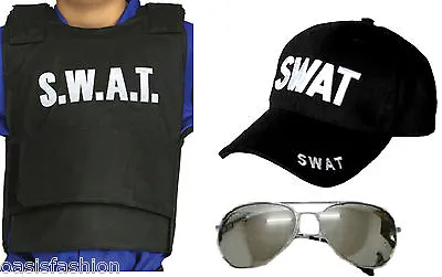 Boys Mens 3 PC SWAT Vest Glasses & Cap Or T-Shirt Police Fancy Dress Costume • £6.99