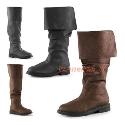 Men Black Tall Pirate Boots Fold Over Renaissance Cosplay Shoes Size12/13/14 • $28.99