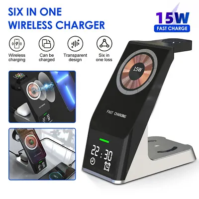 6 In 1 15W Wireless Charger Dock For IPhone Watch Fast Charging With Alarm Clock • $58.29