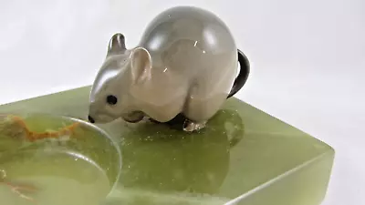 Vintage Art Deco Green Onyx Marble Ashtray Porcelain Mouse Heavy • £45