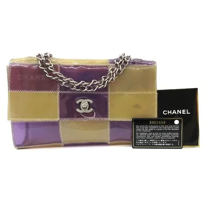 CHANEL CC Chocolate Bar Chain Shoulder Bag Vinyl Beige Purple Clear France M370 • $992.96