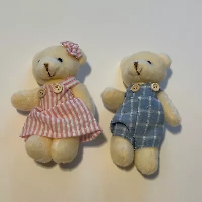 2 Bears Plush Stuffed Animal Pink Bow Dress Blue Overalls Great For Dolls • $10.95
