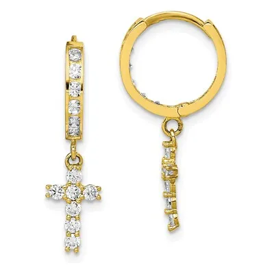 Real 10K Yellow Gold CZ Cross Hinged Hoop Earrings; Women & Men • $139.06