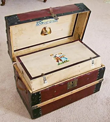 RARE Child’s ANTIQUE Original DOLL Or TOY TRUNK Tray Brass Lock & Lithos • $279