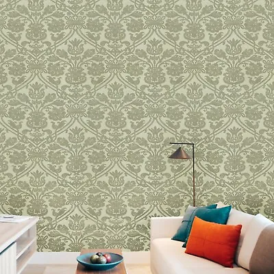 Flocked Damask Textured Champagne Beige Gold Metallic Flocking Velvet Wallpaper • $4.44