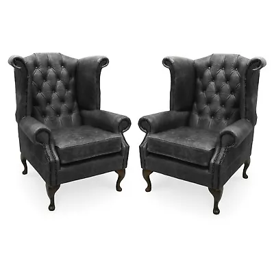 Pair Of Chesterfield Queen Anne High Back Wing Chairs In Vintage Black Leather • £1385