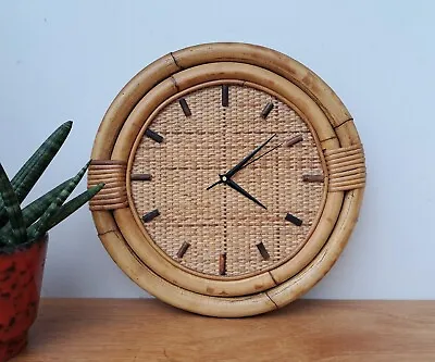 Vintage 70s Boho Cane Bamboo Woven Wall Clock Working Silent Movement 37cm • £24