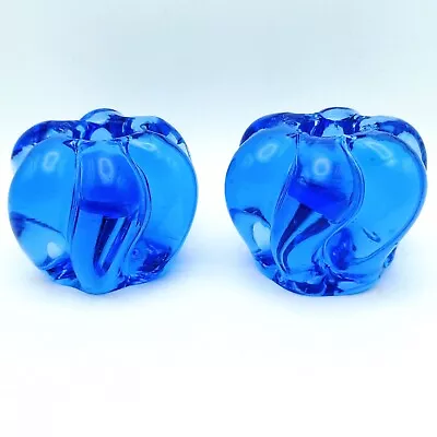 Viking Epic? Glass Candle Holder Pair Small Heavy Blue Hand-Blown Swirl Pattern • $28