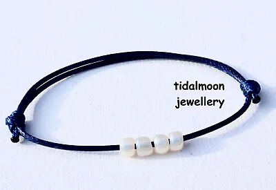 Dark Blue Waxed Cotton Cord Bracelet Beach Surf With 4 Ivory Coloured Seed Beads • £3.15