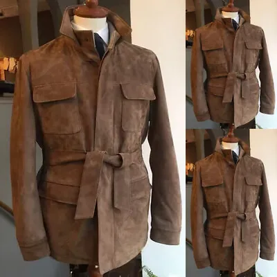 Brown Suede Men's Safari Jackets With Belt Multi Pockets Outdoor Hunting Coats • $55.79
